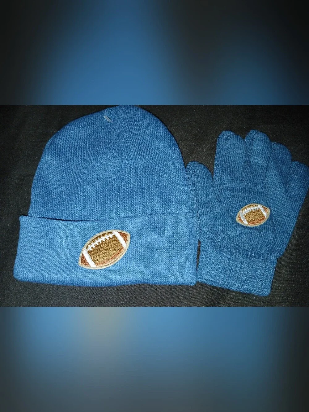 NWT Kids Blue Knit Beanie and Glove Set with Football Patch